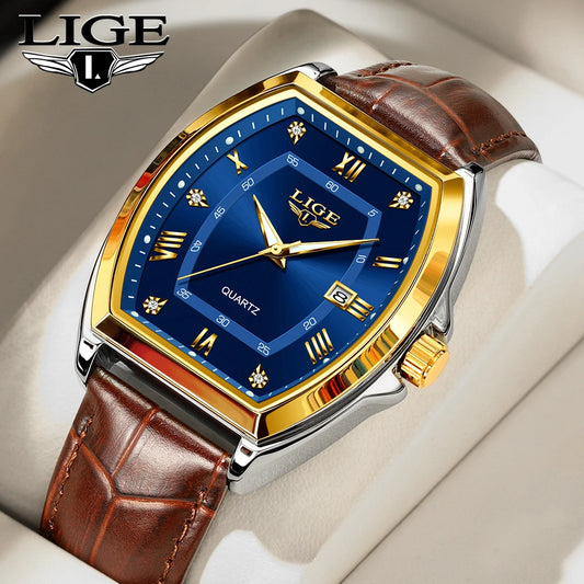 LIGE Men's Luxury Diamond Dial Leather Watch Waterproof Luminous