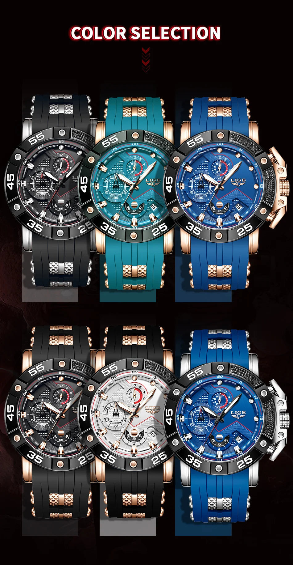 LIGE Men's Silicone Strap Military Sport Watch Waterproof Chronograph
