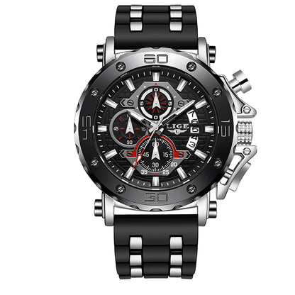 LIGE New Luxury Business Military Sports Waterproof Wristwatch for Men with Silicone Band