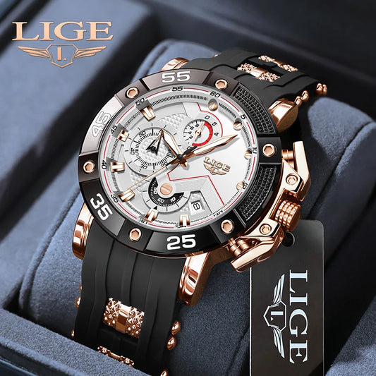 LIGE Men's Silicone Strap Military Sport Watch Waterproof Chronograph