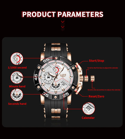 LIGE Men's Silicone Strap Military Sport Watch Waterproof Chronograph