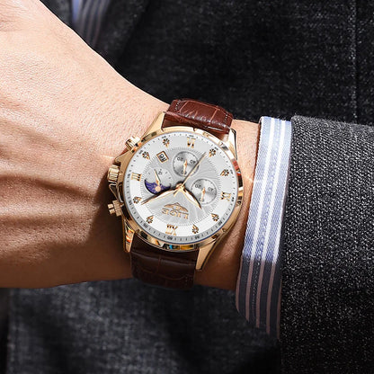 LIGE Men's Luxury Leather Casual Business Watch Waterproof Luminous