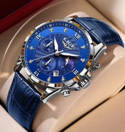 LIGE Men's Luxury Leather Casual Business Watch Waterproof Luminous