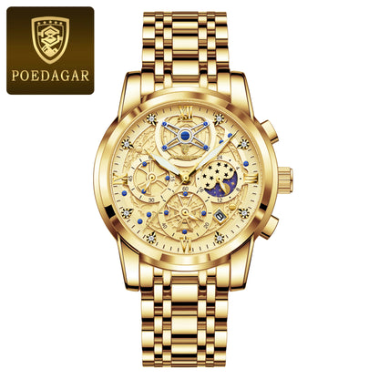 POEDAGAR Luxury Fashion Men's Stainless Steel+Chronograph Wristwatch