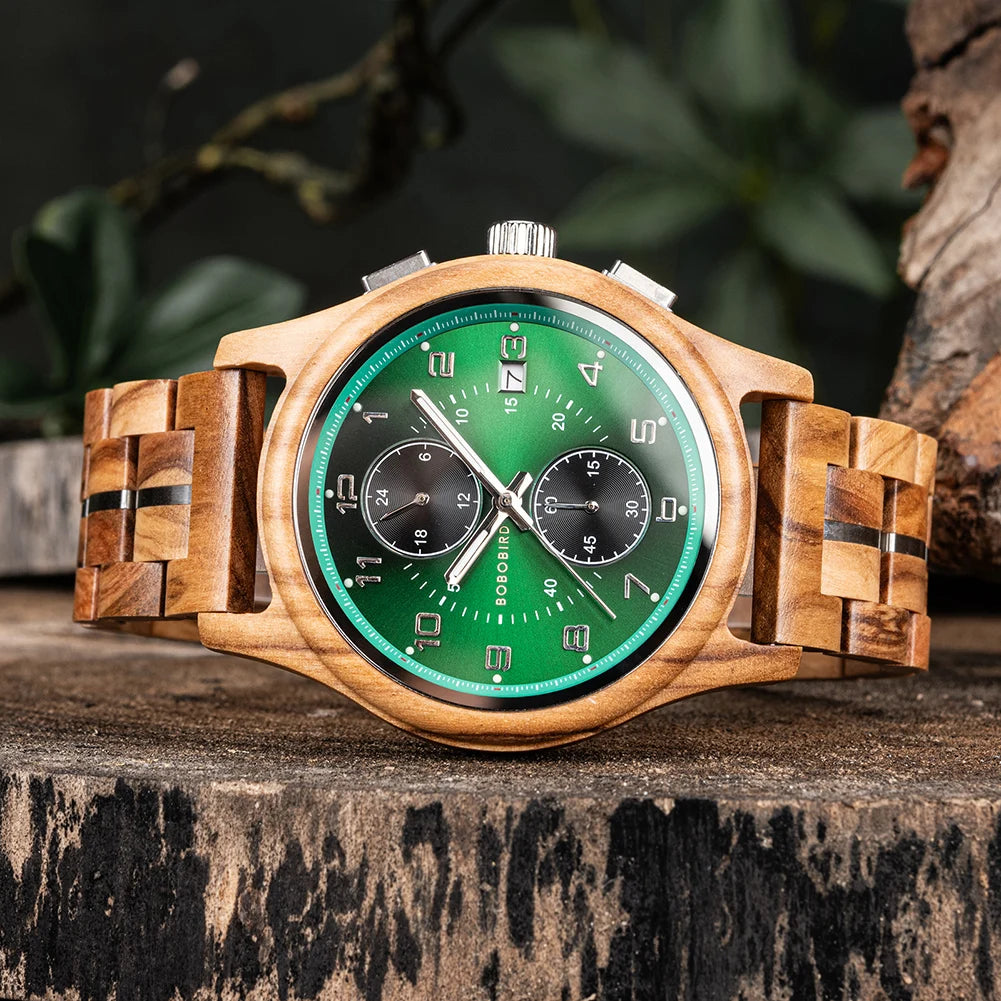 BOBO BIRD Engraved Custom Men's Wooden Chronograph Wristwatch