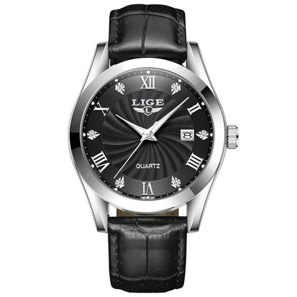 LIGE Men's Luxury Leather Sports Watch Waterproof Luminous