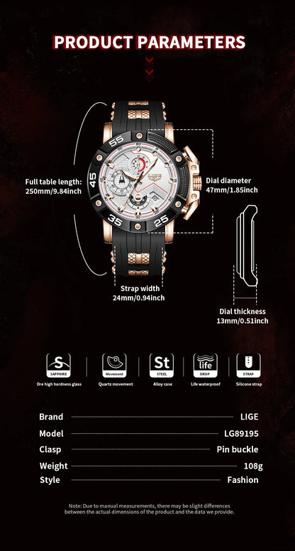 LIGE Men's Silicone Strap Military Sport Watch Waterproof Chronograph