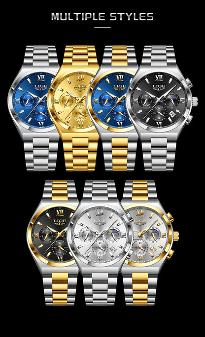 LIGE Original Men's Stainless Steel Sport Watch Waterproof Luminous