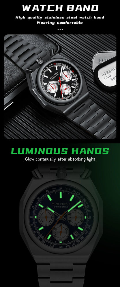 MINI FOCUS Men's Multifunctional Bull Head Quartz Watch Luminous with Stainless Steel Strap