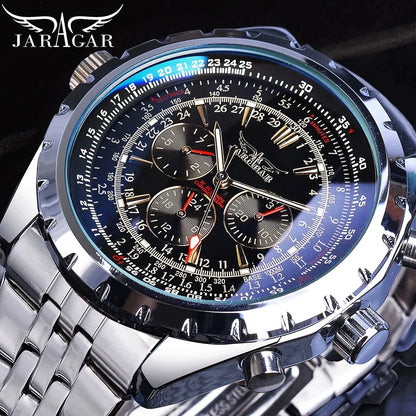 JARAGAR Men's Military Luxury Sport Watch Brand with Silver Stainless Steel Strap
