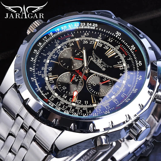 JARAGAR Men's Military Luxury Sport Watch Brand with Silver Stainless Steel Strap