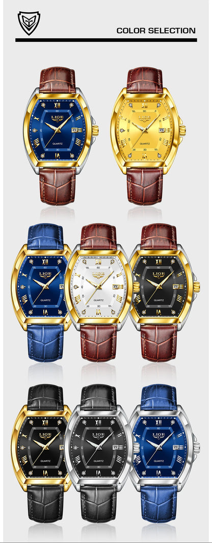 LIGE Men's Luxury Diamond Dial Leather Watch Waterproof Luminous