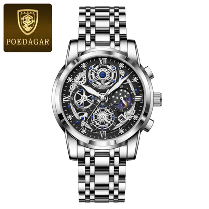 POEDAGAR Luxury Fashion Men's Stainless Steel+Chronograph Wristwatch