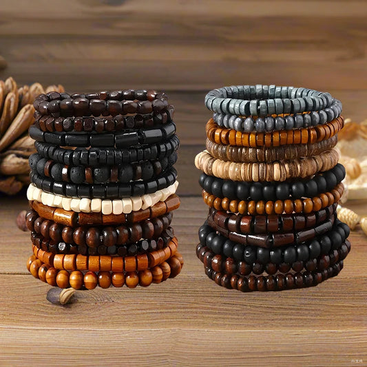 CHIROM SUPPLY 24pcs Men's Retro Multi-layer Wooden Bead Bracelet Set