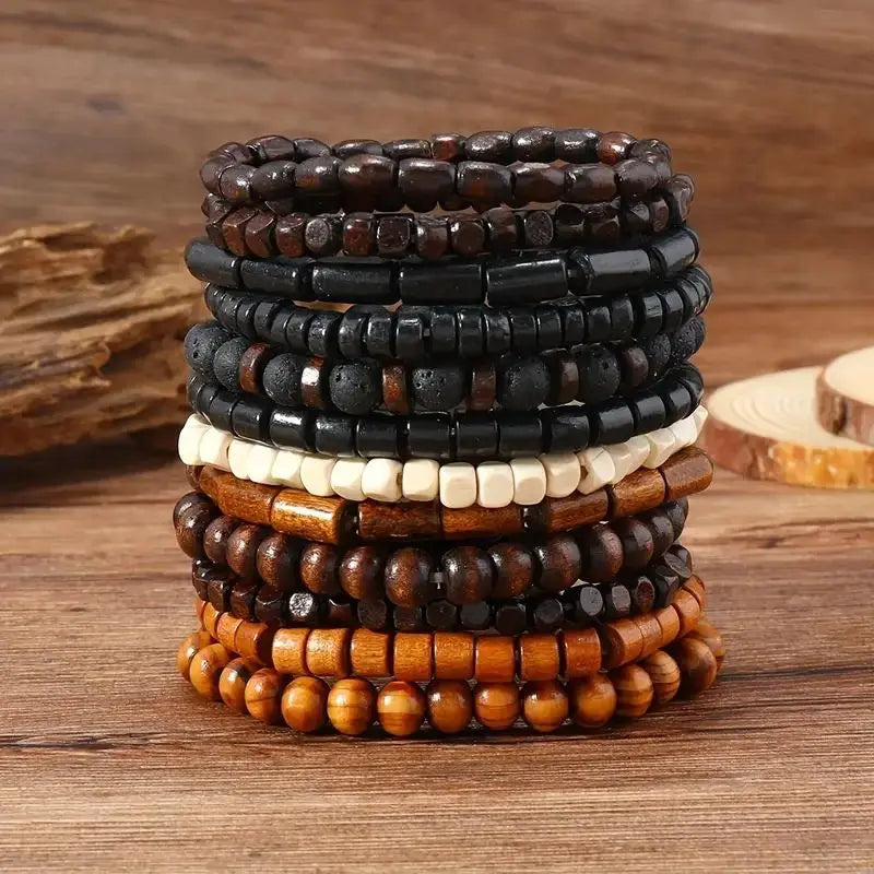 CHIROM SUPPLY 24pcs Men's Retro Multi-layer Wooden Bead Bracelet Set