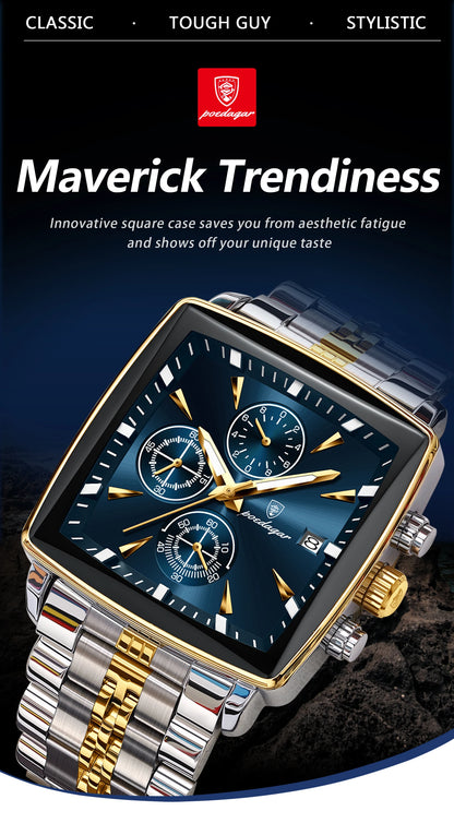 POEDAGAR Men's Luminous Waterproof Square Face Chronograph Stainless Steel Wristwatch