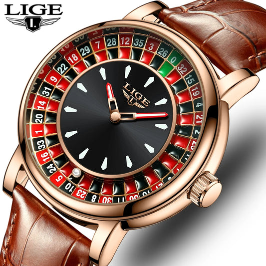 LIGE Men's Fashion Brown/Black Leather Watch Rotating Dial Las Vegas Roulette Waterproof