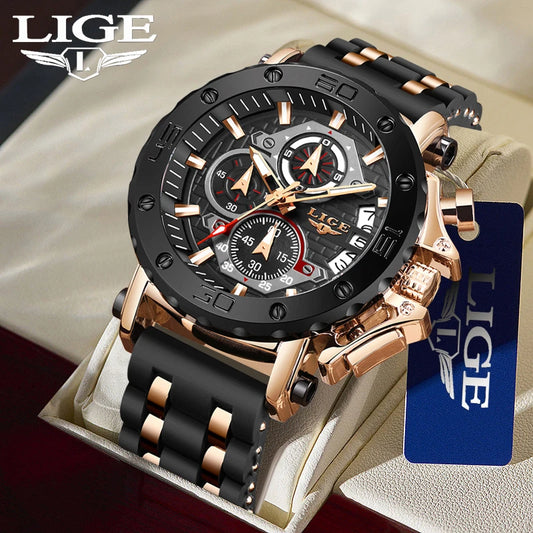 LIGE New Luxury Business Military Sports Waterproof Wristwatch for Men with Silicone Band