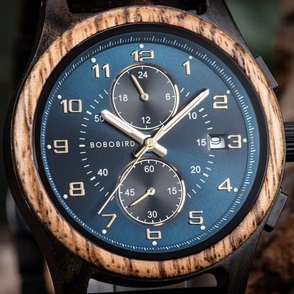 BOBO BIRD Engraved Custom Men's Wooden Chronograph Wristwatch