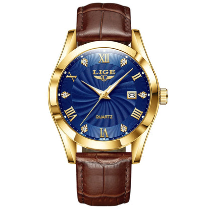 LIGE Men's Luxury Leather Sports Watch Waterproof Luminous