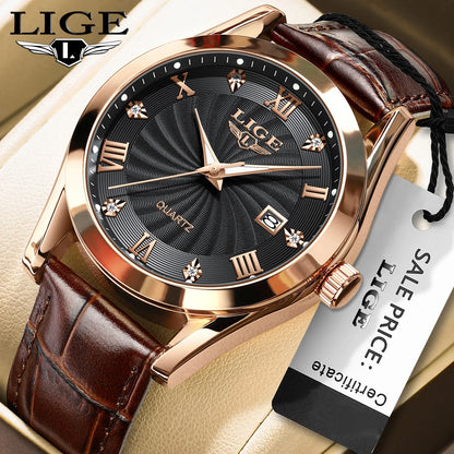 LIGE Men's Luxury Leather Sports Watch Waterproof Luminous