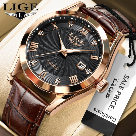 LIGE Men's Luxury Leather Sports Watch Waterproof Luminous