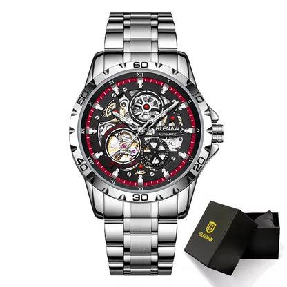 GLENAW Men's Steampunk Skeleton Waterproof Watch Luminous Stainless Steel Strap