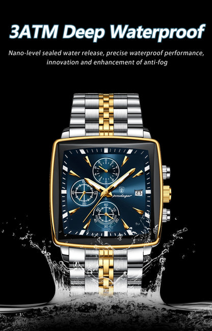 POEDAGAR Men's Luminous Waterproof Square Face Chronograph Stainless Steel Wristwatch