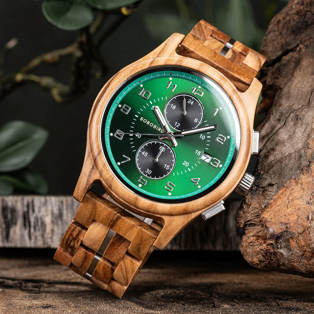 BOBO BIRD Engraved Custom Men's Wooden Chronograph Wristwatch