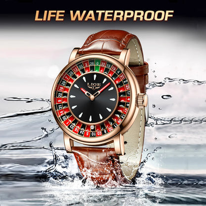 LIGE Men's Fashion Brown/Black Leather Watch Rotating Dial Las Vegas Roulette Waterproof