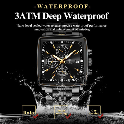 POEDAGAR Men's Business Waterproof Square Luminous Chronograph Watch Stainless Steel