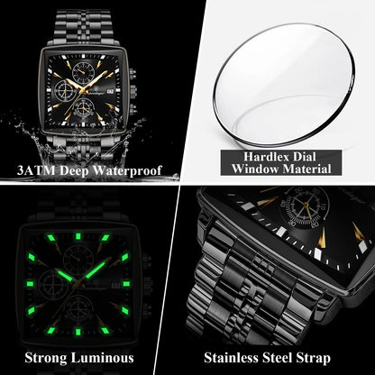 POEDAGAR Men's Business Waterproof Square Luminous Chronograph Watch Stainless Steel